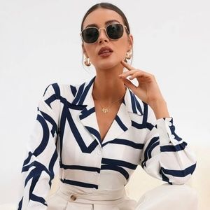 Geo Print Lapel Collar Button Front Blouse